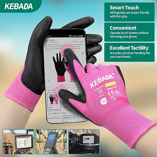 Kebada W1 Work Gloves Women, PU Coated Safety Gloves with Grip, Touchscreen, Ideal for Warehouse Package Handling, Construction, Gardening, Pink Large