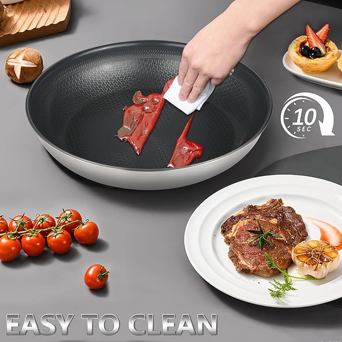 Stainless Steel Nonstick Frying Pan, Hybrid Ceramic 12-Inch Frying Pans, Stay-Cool Handle, PFAS & PFOA PTFE Free, Dishwasher & Oven Safe, Scratch-Resistant, Compatible with Induction & All Cooktops
