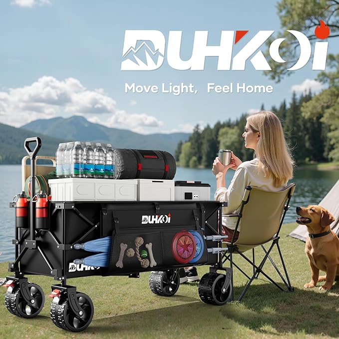 49" L Collapsible Foldable Extended Wagon with 500lbs Weight Capacity,300L Heavy Duty Beach Cart,Large Utility Wagon with Cup Holders,Cart for Sports,Outdoors,Grocery,Shopping,Black