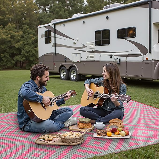 GENIMO Outdoor Rug for Patio Clearance, 6'x9' Reversible Plastic Straw Rugs, Lightweight Waterproof RV Camping Mat for Camper, Balcony, Deck, Backyard, Picnic, Pink & Grey