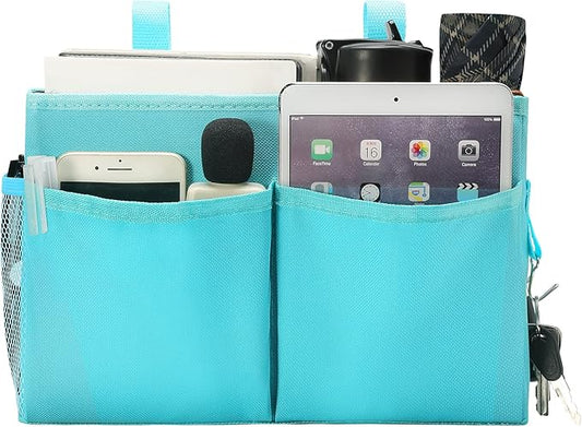 Bunk Bed Organizer, Bedside Caddy Hanging Bed Organizer Storage Bag with 4 Pockets and 2 Hooks, for College Dorm Rooms Bed, Hospital Bed, Baby Bed Rails, 600D Oxford Cloth (Light Blue)