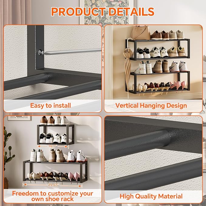 Homeiju Hanging Shoe Organizer,2 Pack Wall Mounted Shoe Rack Holds 12 Pairs,Space Saving Metal Wall Shoe Rack,Hanging Shoe Rack Shoe Holder for Small Space,Entryway,Closet,RV,Camper（Black