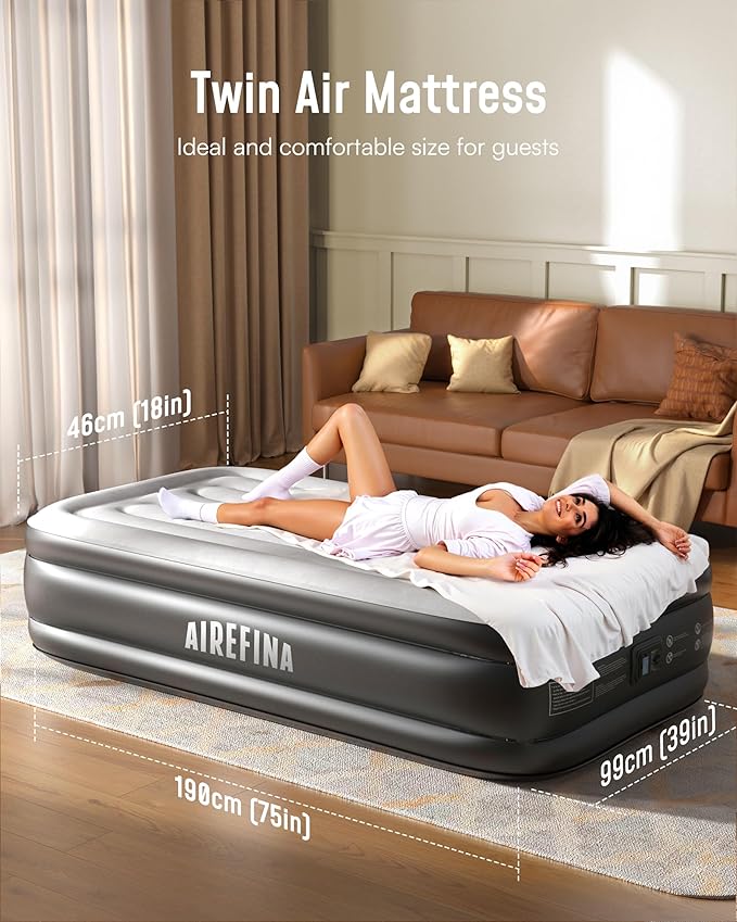 Airefina Twin Air Mattress with Built in Pump Raised, Comfort Twin Blow Up Mattress Upgraded Inflatable Mattress for Camping Guest Home, 2 Mins Quick & Fast Inflation Air Bed, Colchon Inflable