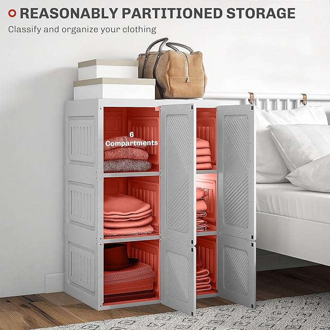 HOMCOM Portable Wardrobe Closet, Folding Clothes Storage Organizer with 6 Cube Compartments, 4 Magnet Doors, White