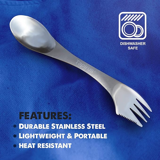 Tapirus - 5 Spork Of Steel Utensils Set - 8-inch Long Durable & Rust Proof Stainless Steel Spoon, Fork & Knife Flatware - For Camping, Fishing, & Hunting - With Bottle Opener & Carrying Case