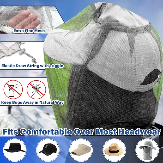 Benvo Mosquito Head Net Mesh One Piece Face Neck Fly Netting Cover from Bugs Gnats Noseeums Hat-Compatible Insect Shield for Fishing, Camping, Gardening (2pcs, Grey, Upgraded Big Net)