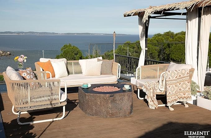 Elementi | Bundle Columbia Gas Fire Pit Cast Concrete Semi-Round Fire Table, Outdoor Fire Pit Electronic Ignition | Canvas Cover, Lava Rock Included | Natural Gas