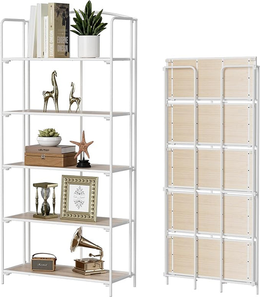 Crofy No Assembly Folding Bookshelf for Living Room, 5 Tier White Collapsible Book Shelf for Home Office, Portable Bookcase Storage Organizer