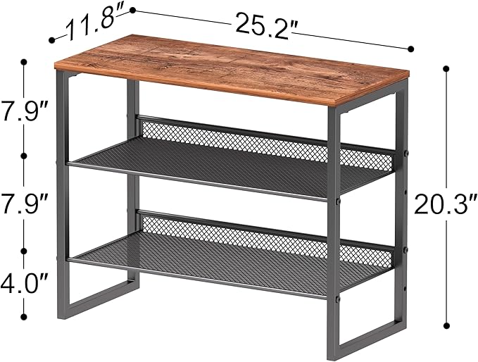 Shoe Rack Organizer - Sturdy Steel Shoe Organizer for Closet Entryway with Spacious Top and Strong Mesh Shelves Industrial Style Standing Storage Shelves (3-Tier 11.8"x20.4"x25.2")