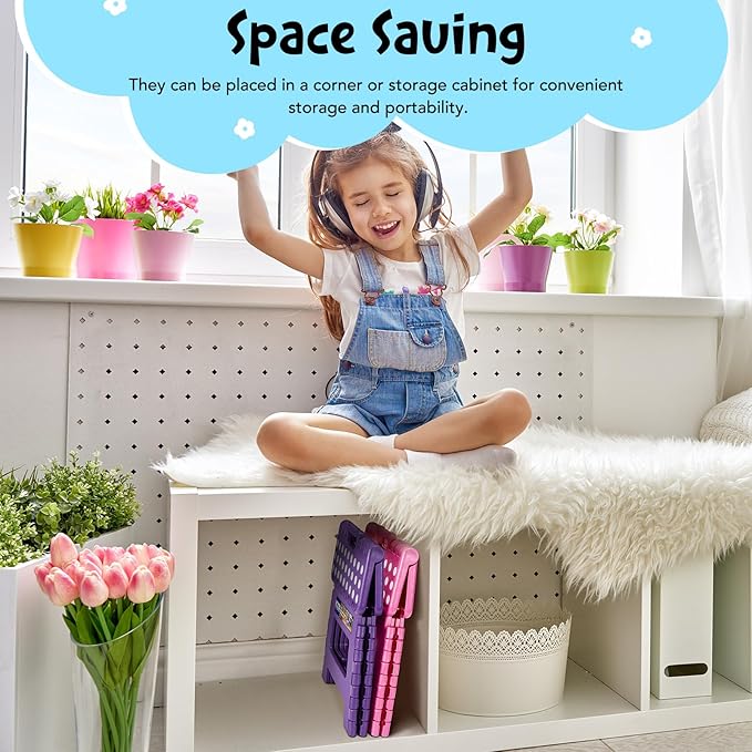 ACKO Folding Step Stool 9 Inch 300 lb Capacity, Plastic Foldable Step Stools for Kids and Adults, Folding Stools Suitable for Kitchen, Stepping Stool with Handle Purple 1PC