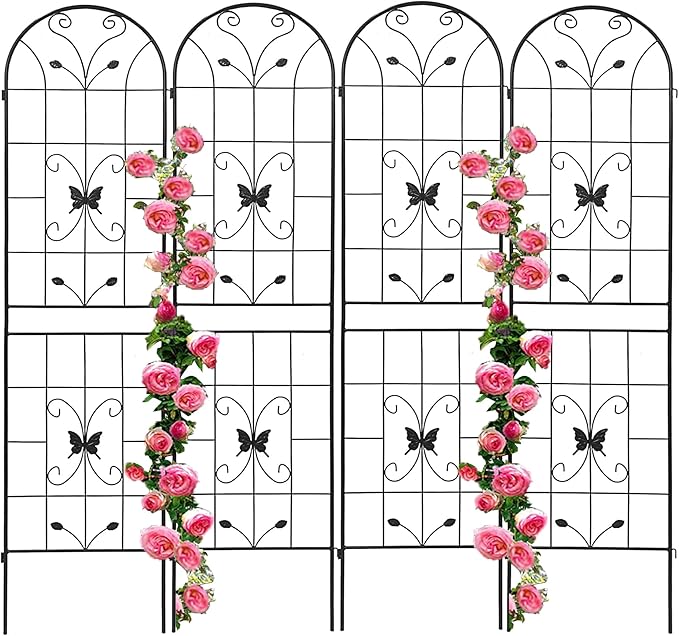 4 Pack Metal Garden Trellis 86.7" Black Fence Rustproof Garden Trellis for Climbing Plants Support Roses Flower Outdoor Lawn, Black
