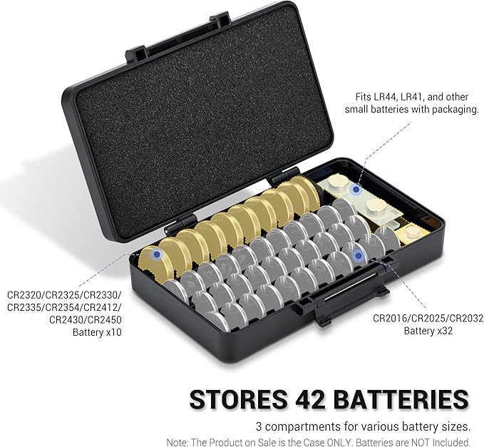 KIWIFOTOS 42 Slots Coin Cell Battery Case for CR2032 CR2025 LR44 Shockproof CR2016 CR2320 CR2325 CR2330 CR2335 CR2354 CR2412 CR2430 CR2450 Button Battery Holder, Battery Not Included