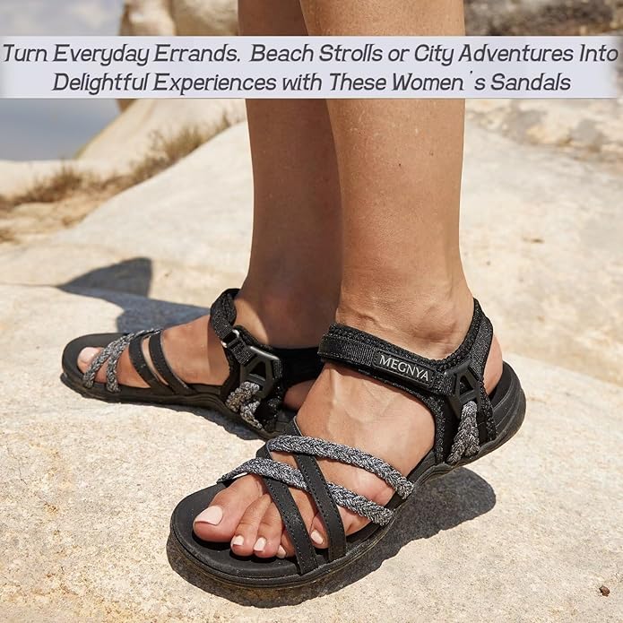MEGNYA Hiking Sandals for Women, Arch Support Comfortable Walking Sandals Hook Loop Strap, Sports Lightweight Slides