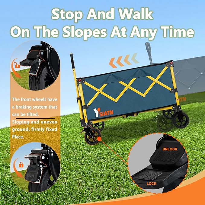 Collapsible Wagon Cart with Brake, Foldable Wagon Cart with All Terrain Wheels, Large Grocery Carts On Wheels, Heavy Duty Utility Wagons for Shopping Beach Sports Fishing Camping, 110L, Green