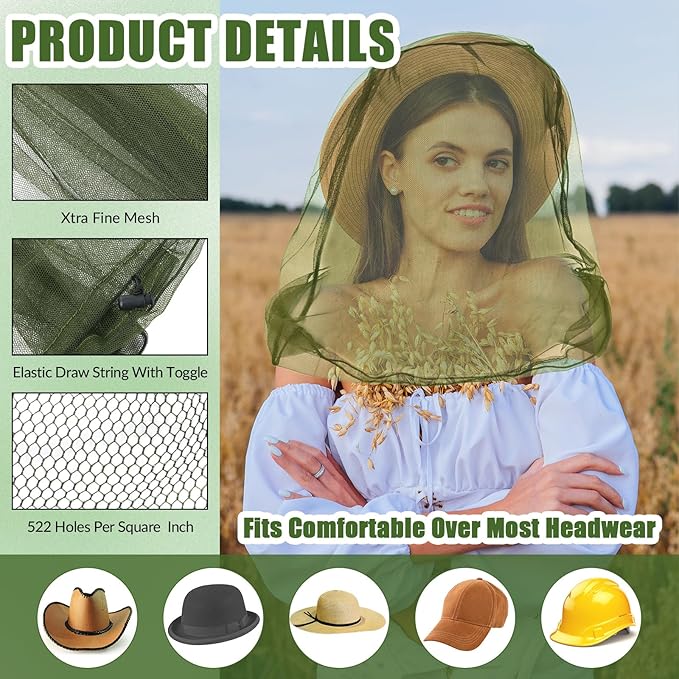 HESTYA 4 Pack Mosquito Head Net Face Mesh Protecting Net for Outdoor Hiking Camping Climbing Mosquito Fly Insects Preventing(Army Green)