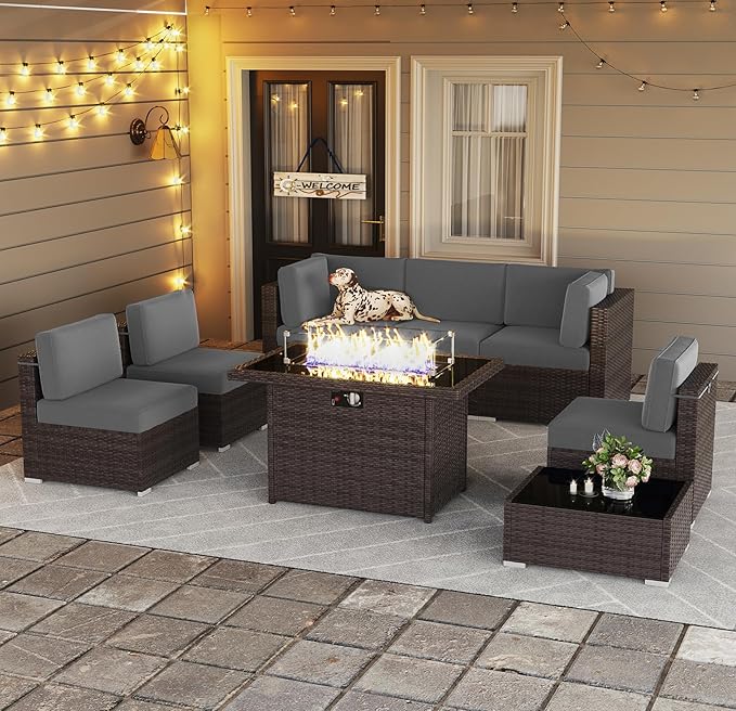 LayinSun 8 Piece Patio Furniture Set with 44" Propane Gas Fire Pit Table, Outdoor Sectional Conversation Set Wicker Rattan Sofa Set with Coffee Table