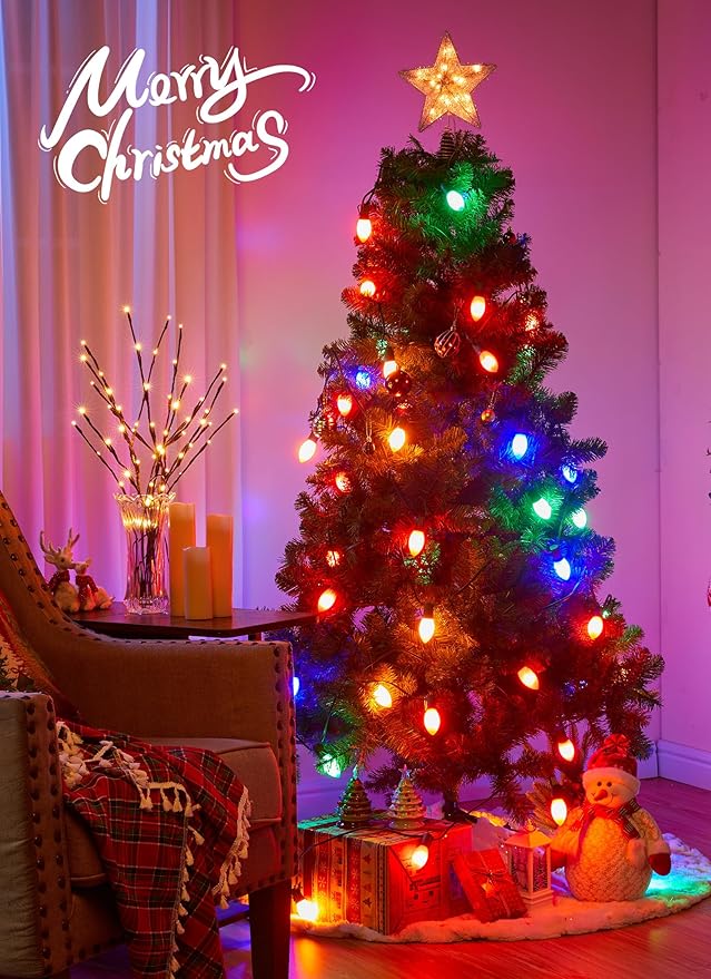 Vintage C9 LED Christmas Lights Outdoor - 25 Feet String with 25 Colored Shatterproof Bulbs, Connectable Waterproof Lights for Holiday Party Roofline, Backyard, Garden, Patio, Green Wire