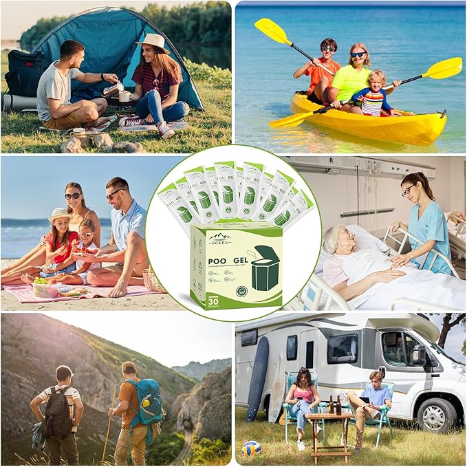 Sckee 30 Packets Poo Gel for Portable Toilet, Portable Toilet Powder Poo Urine Powder for Hiking, Car, Travel, Truck, RV, Boating, Road Trips, Outdoor Indoor Use