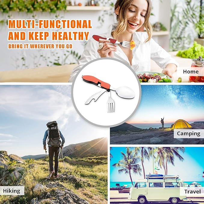Camping Eating Utensils HIKENTURE 4-In-1 Stainless Steel Spoon Fork Knife Bottle Opener Set,Foldable Backpacking Cutlery for Traveling, Hiking, Boy Scout Gift(Red)