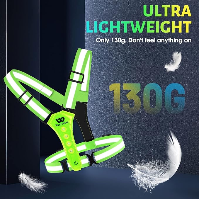 West Biking Running Vest Light - Led Running Reflective Gear for Walking at Night, High Visibility Night Rechargeable Light Up Running Vest, Adjustable Running Lights for Runners