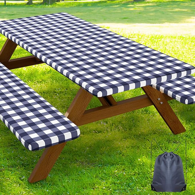 Smiry Picnic Table Cover with Bench Covers, Waterproof Elastic Fitted Tablecloths for 6 Foot Rectangle Tables, Washable Buffalo Plaid Tablecloth for Camping, Outdoor (Navy & White, 30"x72")