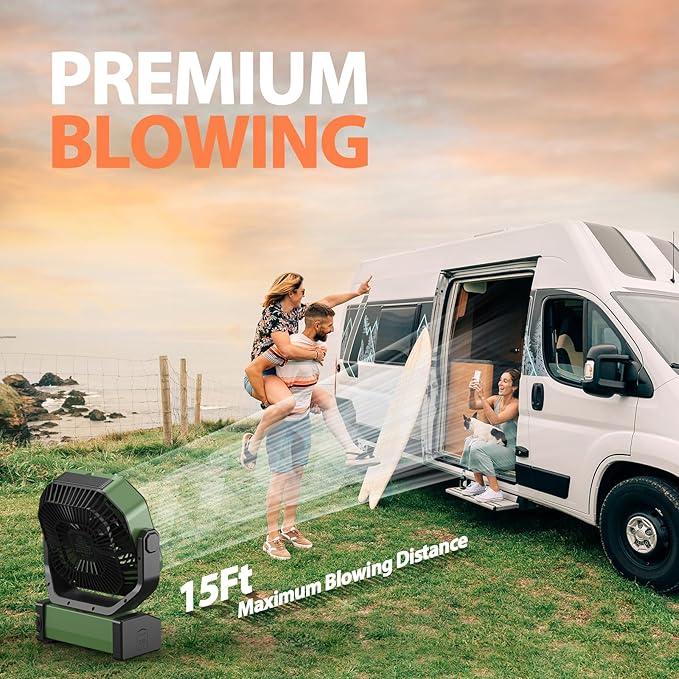 MORECORE 20000mAh Rechargeable Camping Fan with Light, 112HRS Running, 8-Speed, Auto Oscillating, Timer, LED Digital Display, 270°Pivot with Hook for Tent RV Emergency Garage-Army Green