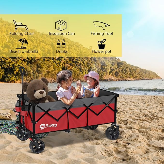 Sekey 48''L Collapsible Foldable Extended Wagon with 440lbs Weight Capacity, Heavy Duty 300L Folding Utility Garden Cart with Big All-Terrain Beach Wheels & Drink Holders. Red&Grey