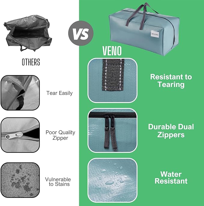 VENO 8 Pack Moving Bags w/Backpack Straps, Heavy Duty, Moving Boxes Alternative, Packing Supplies, Large Storage Totes for Dorm Room Essentials with Zipper for Clothes (Shiny Light Blue, 8 Pack)