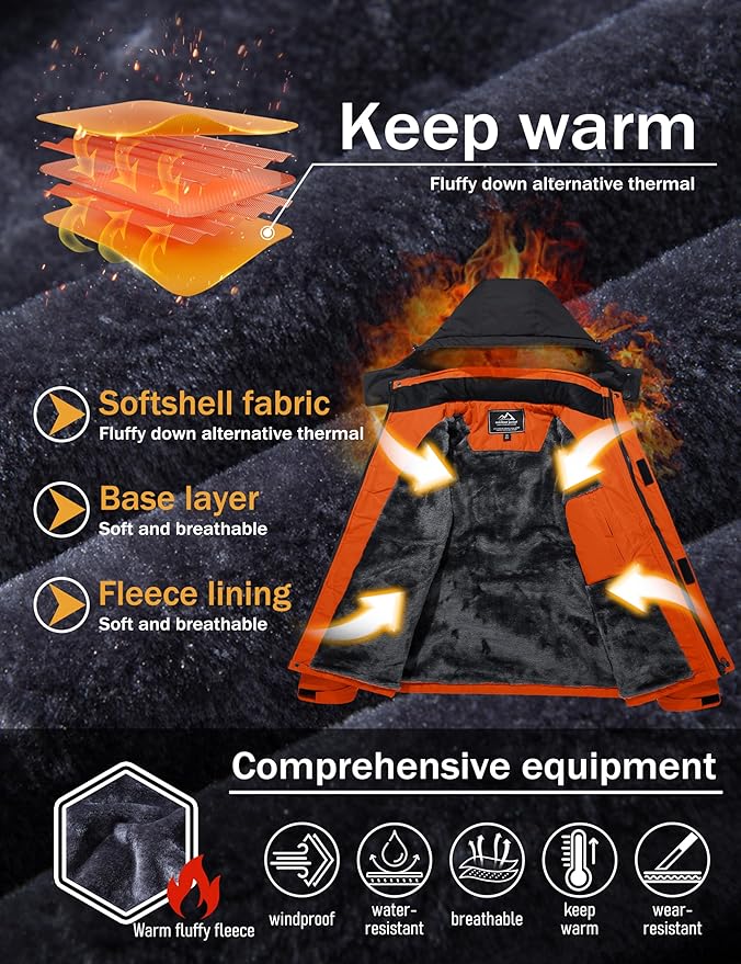 MAGCOMSEN Men's Winter Coats Water Resistant Ski Snow Jacket Warm Fleece Jacket Parka Raincoats With Multi-Pockets