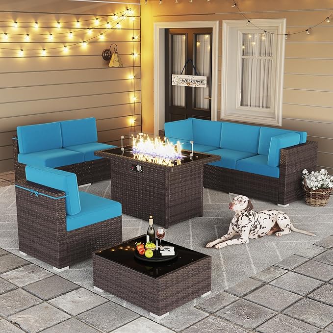 LayinSun 8 Pieces Outdoor Patio Furniture Set with 44" Fire Pit Table Rattan Sectional Sofa Conversation Sets