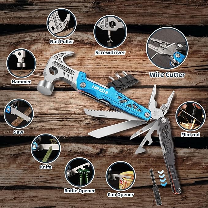 HANSHI Replaceable Wire Cutter Hammer Multitool with Nylon Sheath for Outdoor,Camping,Survival,Hiking,17 In 1 Pocket Multi Tool with Spring-Action Plier,Knife,Flint Rod,Safty Whistle for Gift