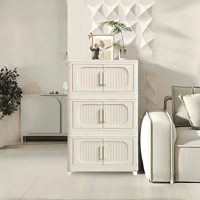 Holaki 117 QT Storage Bins with Lid, 3 Tier Collapsible Closet Organizers, Stackable Plastic Storage Bins Cabinet with Wheels and Magnetic Door, Opaque