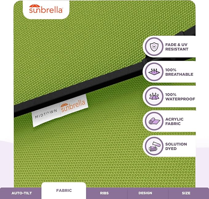 Midtown Umbrellas Sunbrella Umbrella 10 Feet Large Outdoor Umbrella With Sunbrella Macaw Acrylic Fabric - Auto-Tilt Aluminum Frame Large Patio Umbrella For Backyard, Deck, Garden, Pool - Black Pole