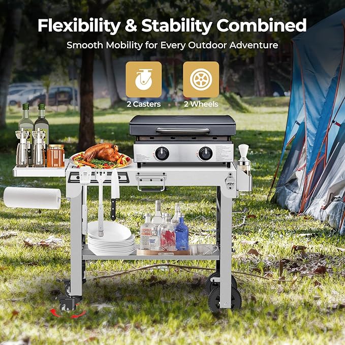 R.W.FLAME Portable Folding Grill & Prep Table with Wheels, Stainless Steel BBQ Stand for Camping, Tailgating & Outdoor Cooking, Rolling Dining Cart for Tabletop Grill, Griddle & Pizza Oven