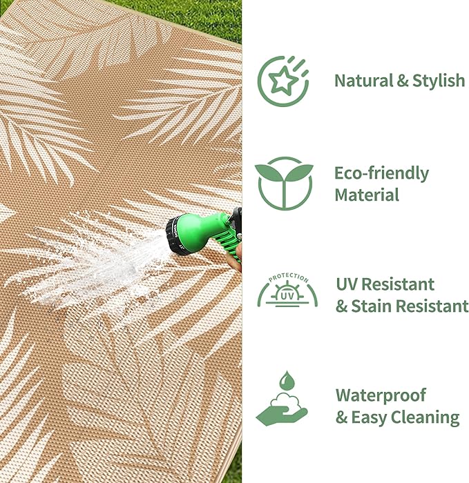 GENIMO Outdoor Rug 9' x 12' Waterproof for Patios Clearance, Reversible Outdoor Plastic Straw Camping Rug Carpet, Large Area Rugs Mats for RV, Camper, Deck, Balcony, Porch, Beach, Picnic, Brown&Beige