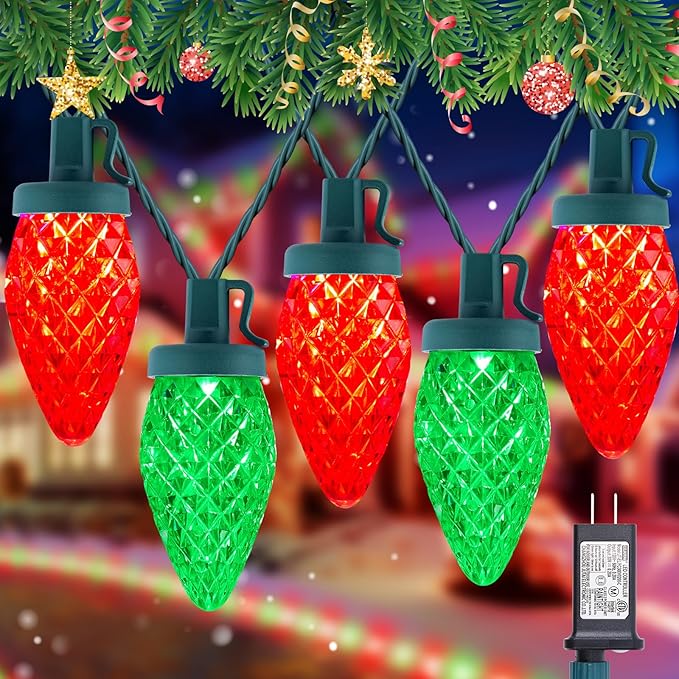 C9 LED Christmas String Lights - 82ft 100 LED Outdoor String Lights with Timer and 8 Lighting Modes, Plug in Extendable Roofline Lights String for Outside Yard Porch Christmas Holiday Decoration