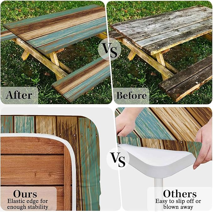 CAPSCEOLL Elastic Picnic Table Cover with Bench Covers 5Ft Waterproof Fitted Picnic Table Cover Cloths for Outdoors Camping Tablecloth with Drawstring Bag, 60X30in, Blue Brown Wood