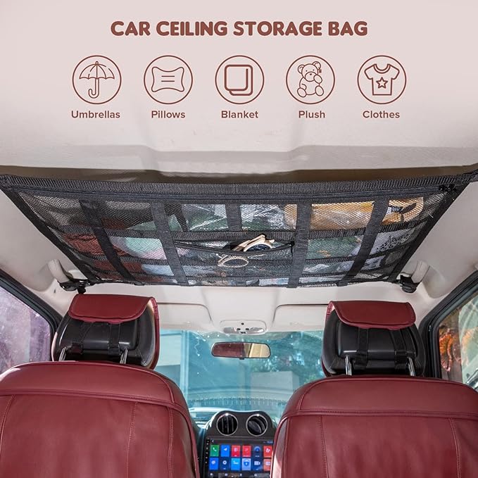 Kaskawise SUV Car Ceiling Cargo Net Pocket,35.4"x23.6" Double-Layer Mesh Car Roof Storage Organizer for Ford,F150,Jeep,Honda CRV,RAV4,Van Organizers and Storage,Camping Accessories