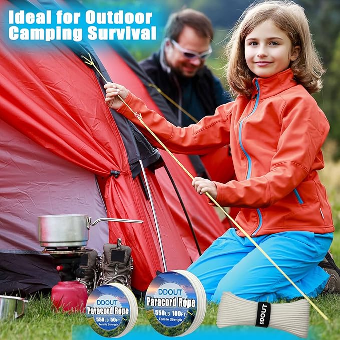 Paracord Nylon Rope 100ft White with 7-Strand Core, 10 Colors and 50/100/200 ft, Type III Parachute Cord 4mm for Camping, Survival, Hiking, DIY, Crafting, Outdoor Utility Rope