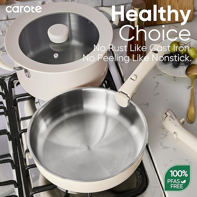 CAROTE 14pcs Pots and Pans Set, Stainless Steel Cookware Set Detachable Handle, Induction Kitchen Cookware Sets with Removable Handle, RV Cookware Set, Oven Safe, Camping Cookware, White