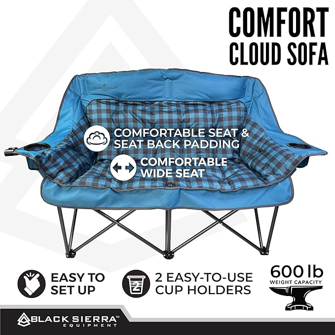 Black Sierra Double Camping Chair for Adults, Oversized Folding Loveseat Supports 600 lbs, Plush Padded Outdoor Couch with Cup Holders and Carry Bag for Beach, Patio, RV, or Tailgating Events