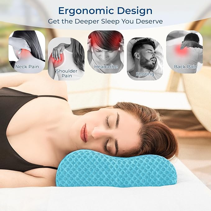 Travel Pillow Memory Foam Pillows, Ergonomic Wave Cervical Neck Pillow for Neck Pain Relief, Compressible Medium Firm Side Sleeper Pillow, Ideal for Camping, Office, Home & Bed (Light Blue, S)