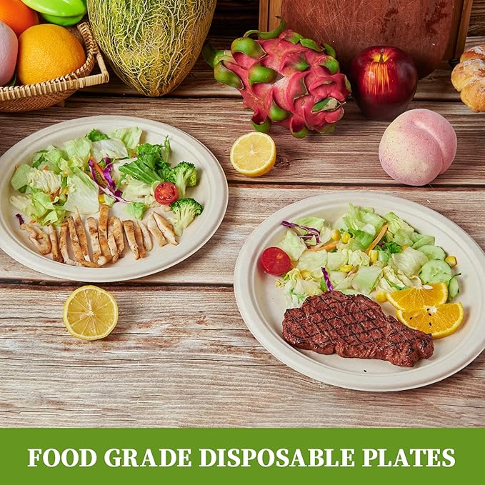 ECOLipak 100% Compostable 10 Inch Paper Plates, 125 Pack Heavy Duty Disposable Biodegradable Eco-friendly Sugarcane Bagasse Plates for Dinner Party