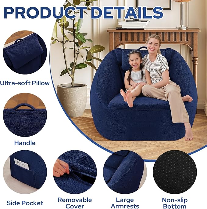HABUTWAY Inflatable Bean Bag Chairs for Adult Blow up Chair Portable Inflatable Bean Bag Couch w/Electric Air Pump,Handle & Side Pocket for Movie Night Reading Gaming Living Room - Dark Blue