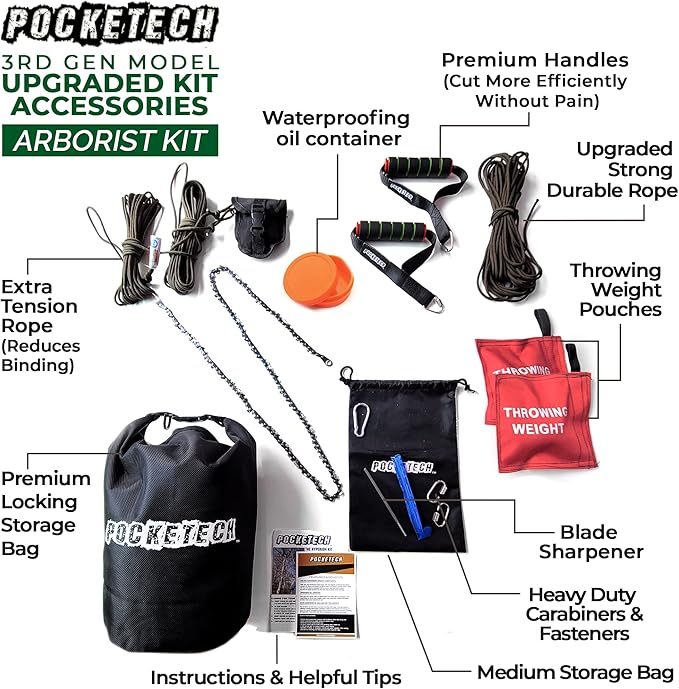 The Pocketech's Arborist Rope Tree Climbing Kit - 48 Inch Long High Limb Hand Chain Saw Kits - 62 Teeth-Blades on Both Sides for Arborist Equipment, Climbing Rope, and Climbing GearClim