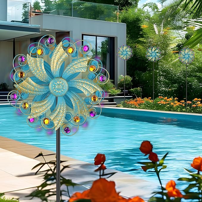 Metal Wind Spinners Outdoor, Golden Kinetic Wind Sculpture Garden Pinwheels with Metal Stake, Yard Art Decor for Patio, Lawn & Garden, Creative Gifts 57.5 * 13 Inch