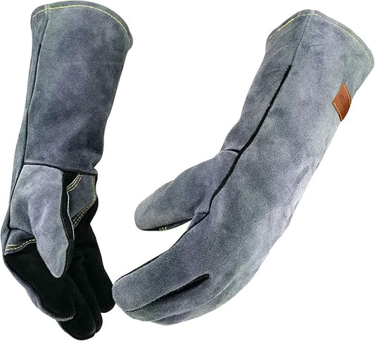 14 Inches,932℉,Leather Welding Gloves medium, Heat/Fire Resistant,Medium Mitts for BBQ,Oven,Grill,Fireplace,Tig,Mig,Forge,Baking,Furnace,Stove,Pot Holder,Animal Handling Glove.M Black-gray