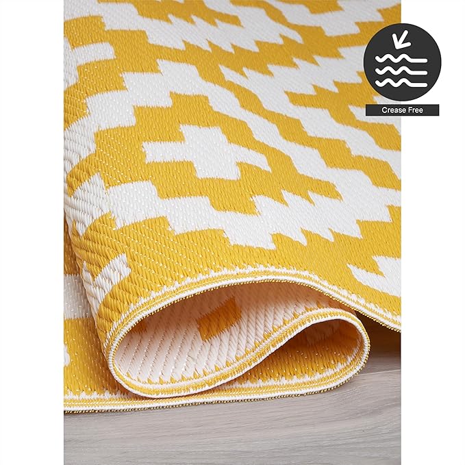 FH Home Outdoor Camping Rug - Waterproof, Fade Resistant, Reversible - Premium Recycled Plastic - Geometric - Picnic, Patio, Deck, Sunroom, RV - Aztec - Yellow & White - 4 x 6 ft Foldable