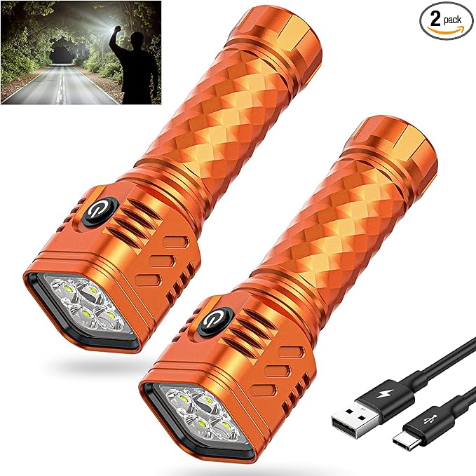 Rechargeable Flashlights 2000L High Lumens, 4X Super Bright LED Flashlight, Powerful Flash Light with Memory Function, Long-Lasting, Waterproof Flashlights for Home Camping Hiking, 2 Pack ﻿