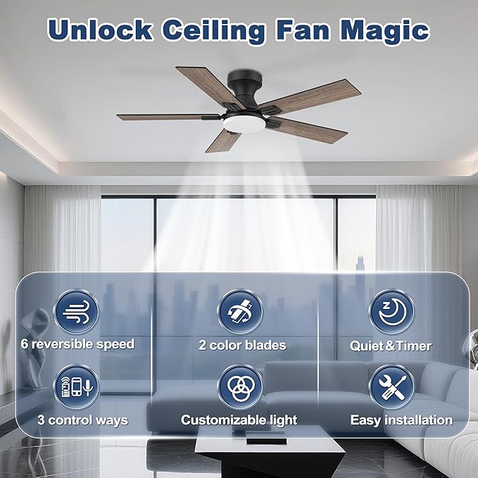 42" Smart Low Profile Ceiling Fan with Lights Remote,6 speed Quite DC Motor,WIFI Voice Control via Alexa App,Dimmable LED,Outdoor Indoor Flush Mount Fans for Small Bedroom Patio Porch,Black&Walnut